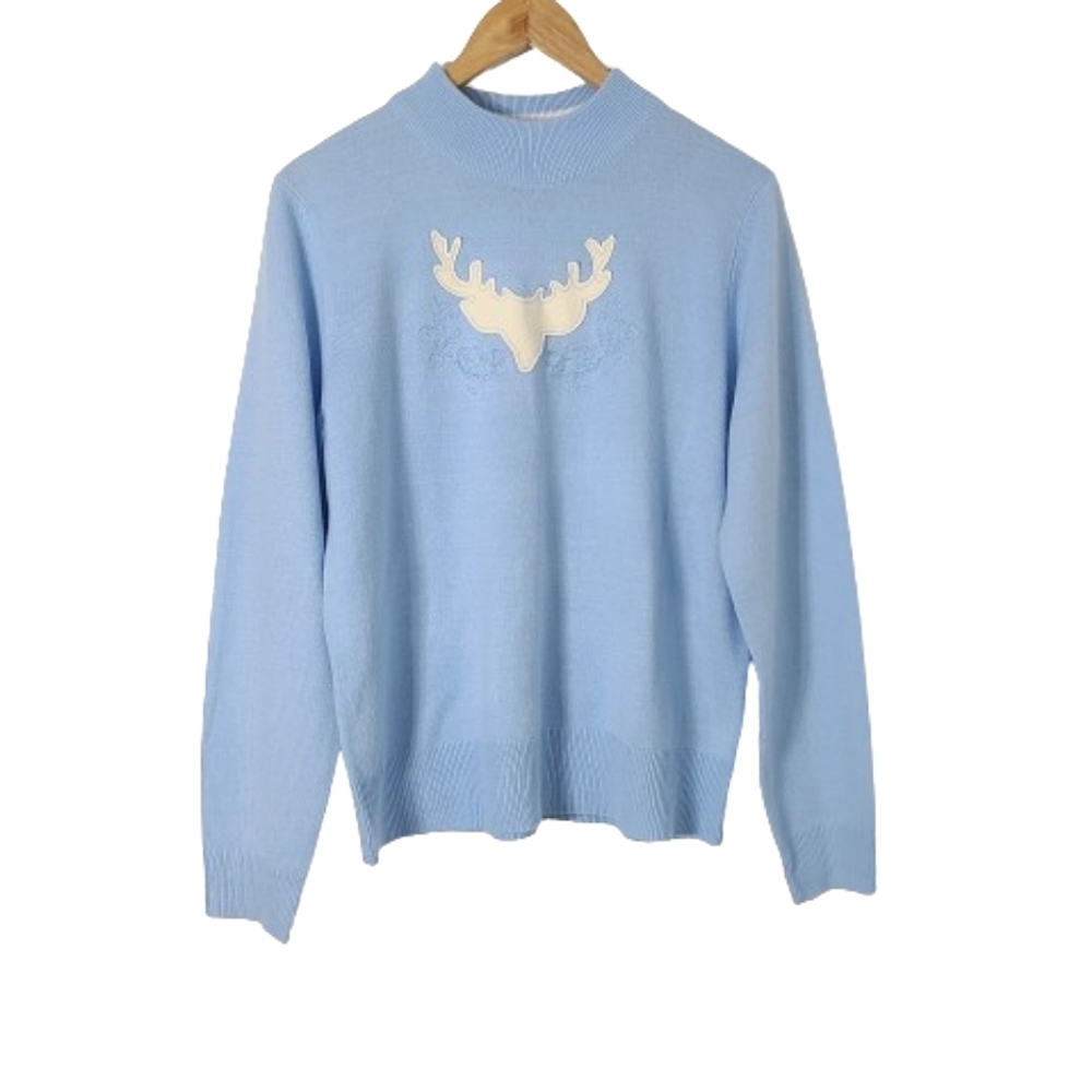 TRADITION Blue Reindeer Christmas Crewneck Sweater Women's Size L